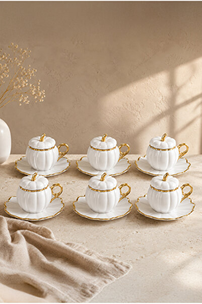 Vadi Pumpkin Design 6-Piece Turkish Coffee Cup Set with Gold Detail Porcelain