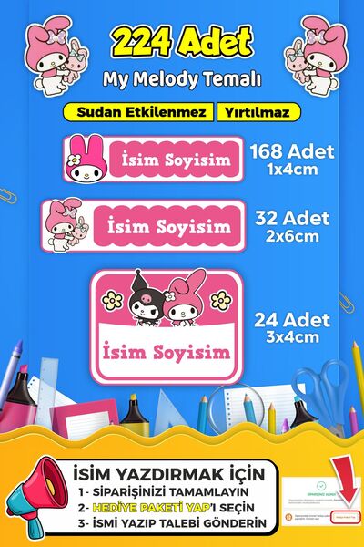 SB store Okul Kreş Kişiye Özel isim Etiket Seti My Melody Temalı - Model 701