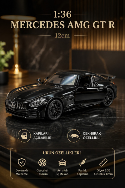 craftivio 1:36 Mercedes AMG GT R Siyah Diecast Metal Oyuncak Araba Açılır Kap...
