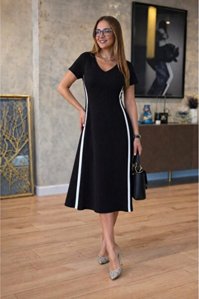 Generic Brand Women's short sleeve v-neck midi dress with side stripe detail ...