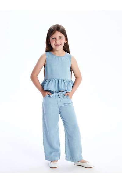 LC Waikiki Blue Comfortable Girl's Jean Trousers with Elastic Waist