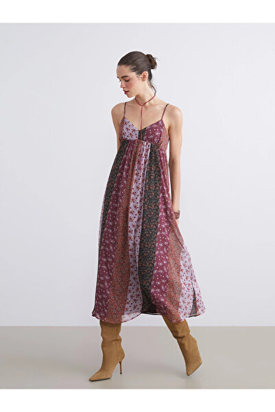 LC Waikiki Mixed V-Neck Floral Chiffon Strap Dress