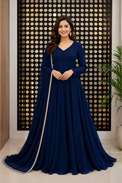 MYSMAR Blue Faux Georgette Gown Set - FFT8615 | Blue