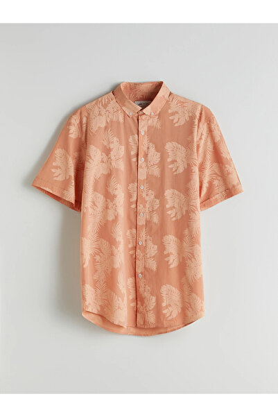 LC Waikiki Orange Slim Fit Short Sleeve Patterned Poplin Men's Shirt