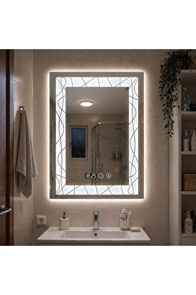Vivendo Oglinda LED 70X90 cm cu margini decorative, iluminare ambientala, tou...