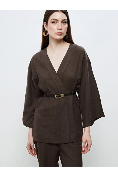 LC Waikiki Brown Shawl Collar Belted Women's Kimono
