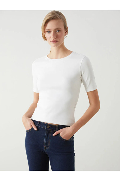 LC Waikiki White Crew Neck Women's Ribbed T-Shirt