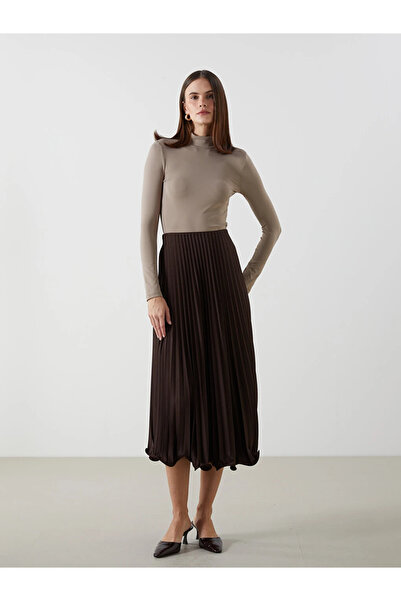 LC Waikiki Brown Elastic Waist Chiffon Women's Pleated Skirt