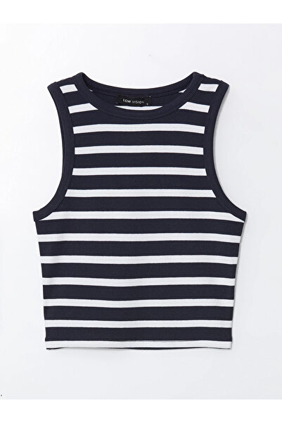 LC Waikiki Navy Blue Crew Neck Striped Women's Crop Top