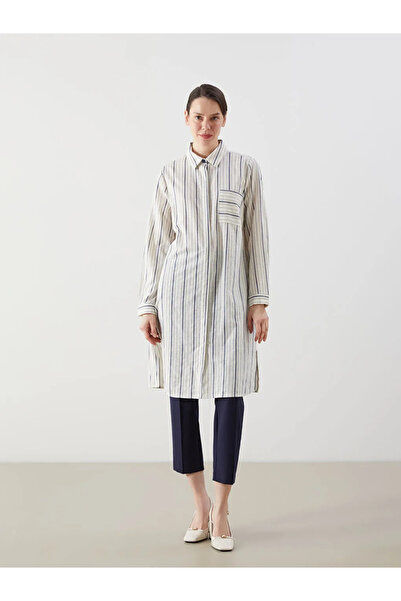 LC Waikiki Navy Blue Striped Linen Look Women's Shirt Tunic