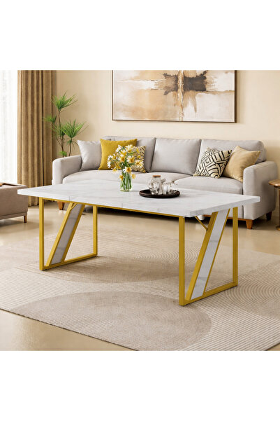 Vivendo Masa dining moderna cu blat aspect marmura 160x80 cm cadru metalic