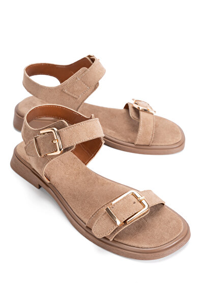 PASSAGE SHOES Women's Suede Buckle Detailed Strappy Sandals 6346 Mink Suede