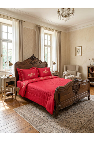BAŞ TASARIM Gold Sim Rose Embroidered Red Summer Sleeping Set