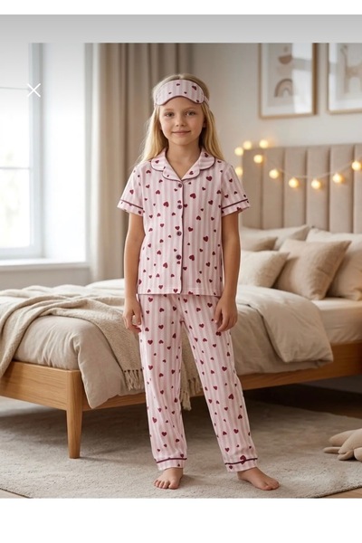 Novella18 Kız Çocuk Pamuklu Kalp Desenli Çizgili Göz Bantlı Pijama Takımı