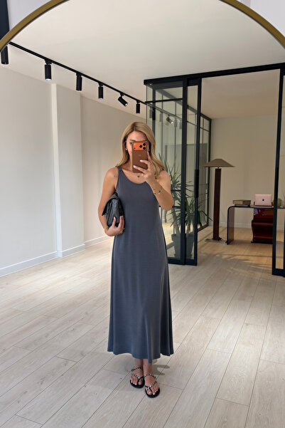 Sezgi Tekin Anthracite Pique Modal Dress with Gathered Elastic Straps