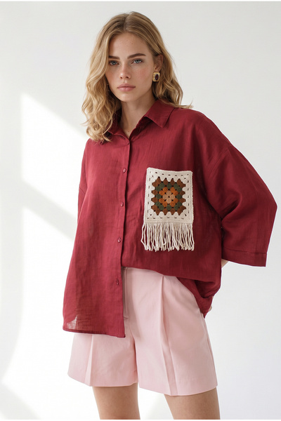 Olalook Women's Burgundy Pocket Detailed Wide Sleeve Washed Linen Shirt Gml-1...