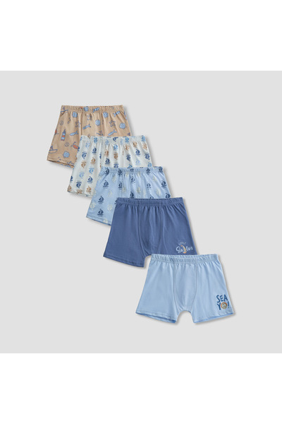 Juniors Pack of 5 Cotton Boxers with Nautical Print