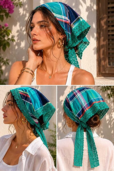 Handmade Betty Bands Green Ruched Triangle Hair Bandana Plaid Pattern Tie-On ...