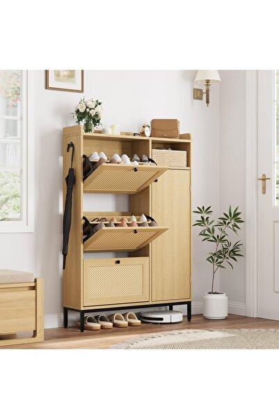 Garvee - Rattan Wardrobe with 3 Drop-Down Drawers, Entryway Shoe Storage Cabi...