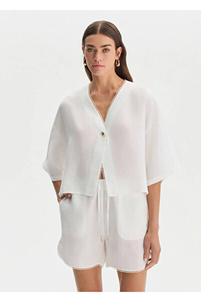 Knitss White Contrast Detailed Linen Top