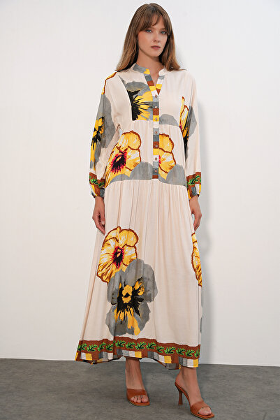 Merterium Women's Patterned Long Hijab Dress 1155 - C.Yellow