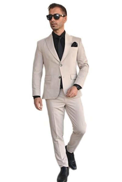 Sunt Romanesc Costum bărbătesc, croială slim, casual, bej deschis, mărimea S
