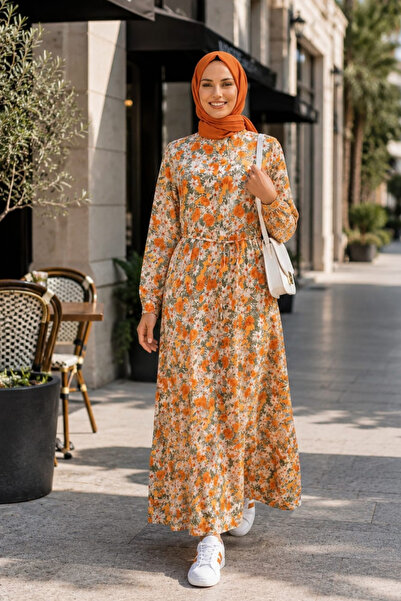 Hb Harma Time Butik Women's Buttoned Patterned Modal Orange Dress