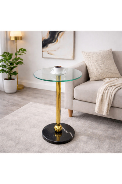 Generic Elegant Side Service Table with Glass Top and Artificial Marble Base