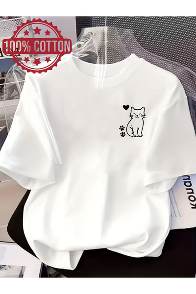 121 100% Women's Summer Shirt; with Cute Heart-Shaped Cat Print; Comfortable ...