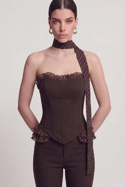 HOLLY LOLLY Corset Una Bustieră cu Volane și Detalii Tip Șal, Maro