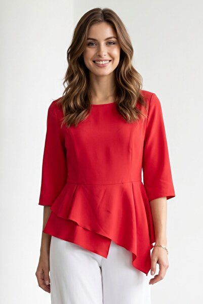Maya Butik Kırmızı Sıfır Yaka Kollar Volanlı Peplum Bluz - 21948