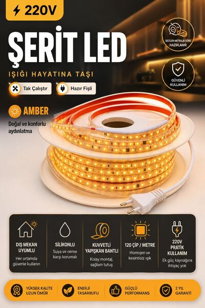 KOMPLİKE 220V 2200K Amber Tak Çalıştır Fişli Esnek Led Şerit - 15 Metre - 120...