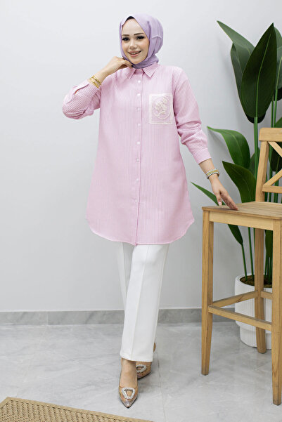 Tesettür Dünyası Striped Shirt with Embroidery Detail Tsd260241 Lilac