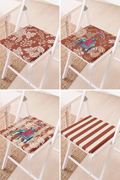 Home Set of 4 Brown Floor Chair Cushions with Elephant and Flower Patterns an...