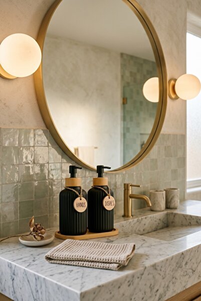 Generic Brand Set of 2 Glass Liquid Soap Dispensers 500 ml with Bamboo Stand Black Kitchen Detergent Dispenser and Hand Soap Dispenser Decorative Bathroom Organizer