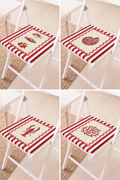Home Set of 4 Red and White Sea-Themed Patterned Lace-Up Chair Cushions