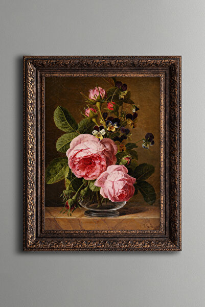 epiqart Roses in Glass Vase - Vintage Patterned Frame - Thick Model