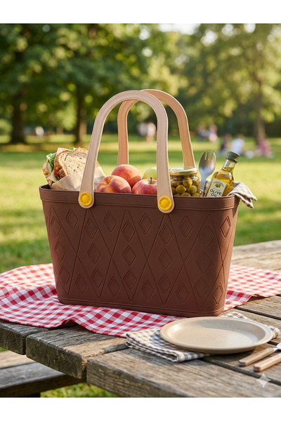 İndecor Houseware Deri Görünümlü Çok Amaçlı Kulplu Plastik Organizer Sepet Deniz Çantası Plaj Çantası, Piknik Sepeti, Dekoratif Sepet