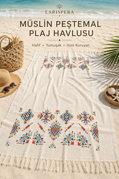 Larispera Müslin Peştemal Plaj Havlusu 90x180 cm Pamuklu Hızlı Kuruyan Saçakl...
