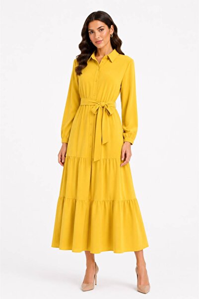 PAYİNİ Shirt Dress with Belt Maxi Length Long Sleeved Dress