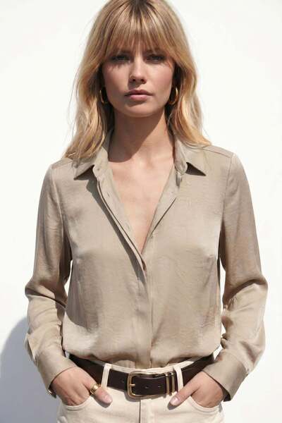 Sateen Hidden Placket Shirt - Beige