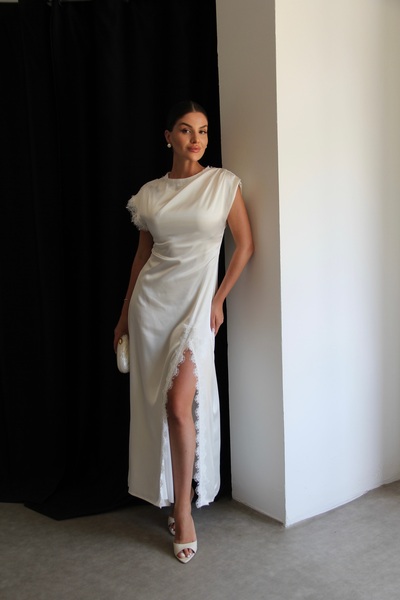 Julidress Lace and Slit Detailed Maxi Long Premium Satin Dress