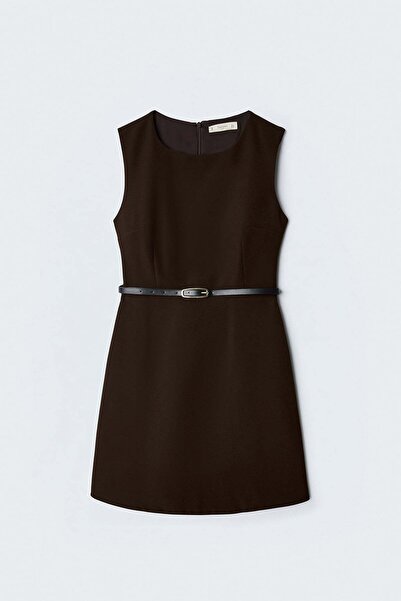 Sateen Kemerli Mini Elbise - Kahve