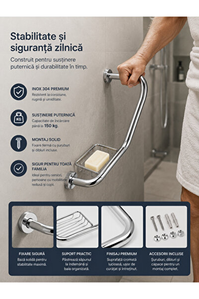 BellFyd Mâner Bară de Susținere BellFyd® pentru Baie cu Suport pentru Săpun, ...