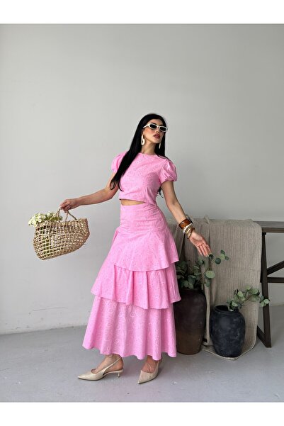 Nes Moda Kadın Bağlama Detaylı Crop Bluz Katmanlı Etek Takım Fisto Elbise