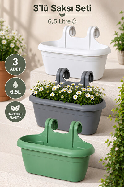 ToXA 3'lü Hera Askılı Balkon Saksısı Seti 6,5 Litre (39cm) Drenaj Izgaralı ve...