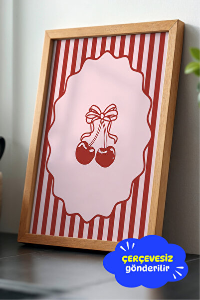 Clumsy Kiraz Poster Baskı – Vintage Çerçeveli Minimal Meyve Temalı Duvar Dekoru