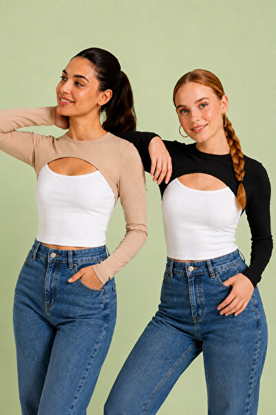 mirach 2’li Paket Crop Boyunluklu Kolluk Seti Bej ve Siyah | Uzun Kollu Tesettür Boyunluk