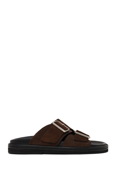 Derimod Women's Brown Double Buckle Suede Leather Slippers 26Sfd271710