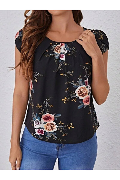 USLUCAN ALIŞVERİŞ Women's Short Sleeve Crew Neck Floral Printed Single Jersey...